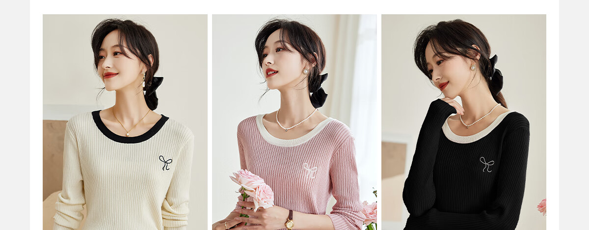 PinCai Women's Knit Sweater, Early Autumn Round Neck Bow Embroidery Knit Top, Slim-Fit Base Layer Sweater P143Z3009 6
