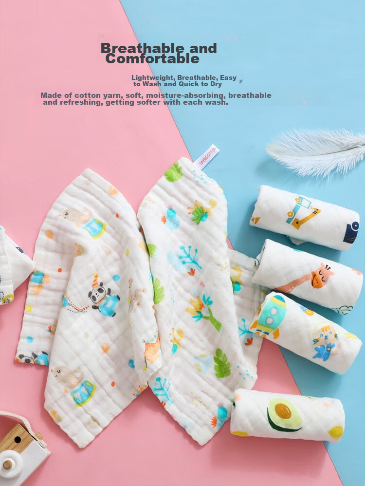 Aibaoshi Baby Drool Bib, Pure Cotton Gauze, Six-Layer Newborn Face Towel, Washable Gauze Handkerchief Bib, 5-Pack, S201 5