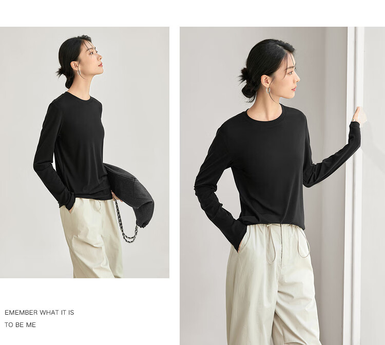 Woodpecker Women's Long Sleeve Base T-Shirt, Spring Autumn New Versatile Slim Fit Casual Top, Black, L 4