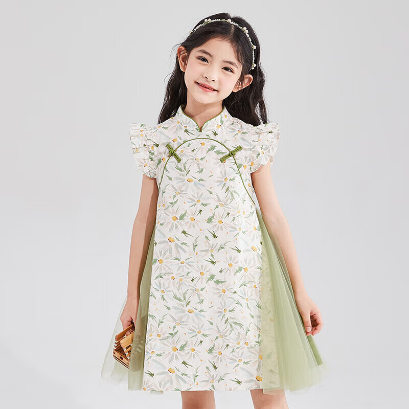 DEESHA Girls' 2025 Summer Printed Mesh Hanfu Qipao, Green Floral Print, Size 90