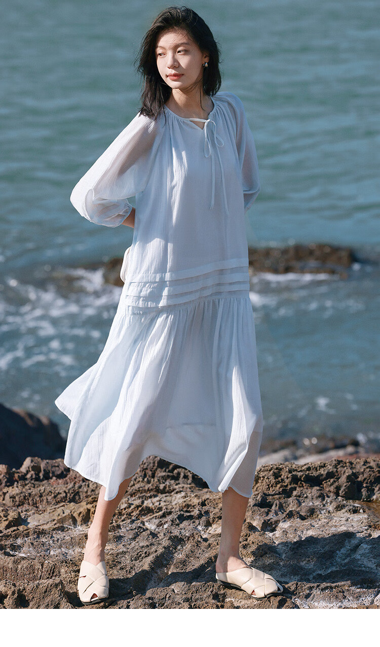Dme First Love Style Light Blue Dress, Round Neck, Tie-Up Collar, Fairy-Like Long Sleeve Dress for Women, Light Blue, M 4