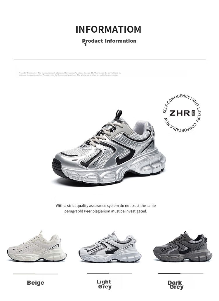 ZHR Spring And Autumn Dad Shoes for Women, Versatile Thick-Soled Casual Shoes, Breathable Mesh Sports Shoes for Women, BV63, Dark Gray, Size 35 5