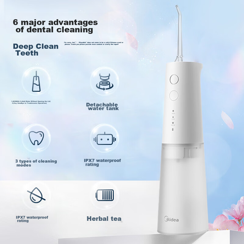 Midea Water Flosser, Teeth And Gap Cleaning, Long Battery Life Portable for Business Trips Travel Adults Home Orthodontic Nozzle, MC-BJ0301 Small White Bottle Couple Birthday Holiday Gift