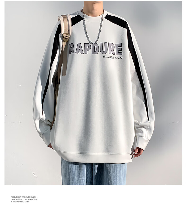 Dingfengbaoluo American-Style Sweatshirt for Men, Spring Vintage Long-Sleeve T-Shirt, Trendy Color-Block Patchwork, Loose Round Neck, DFL02 Black M 8