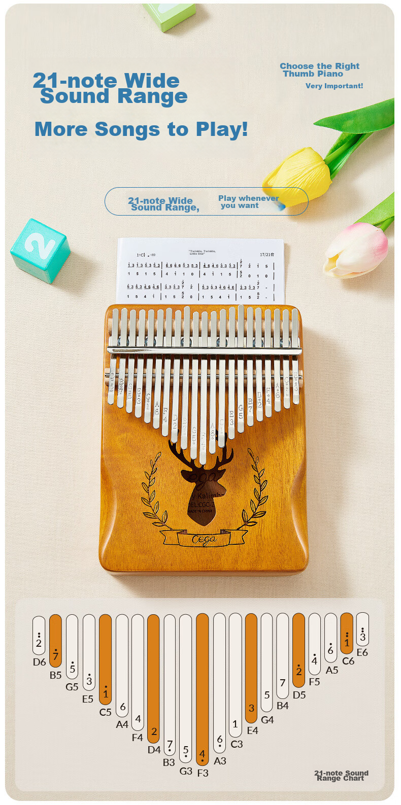 Qian Gu Kalimba Thumb Piano 21-Note Beginner Easy-to-Learn Instrument Finger Piano for Girls Children's Festival Gift 8