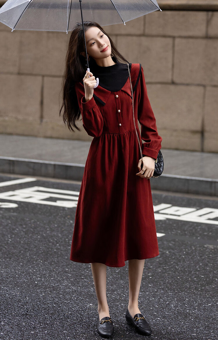 DME "Balman Rose" Spring and Autumn Design Commuter Half High Neck Petite Pearl Button Waist Slimming Women's Dress 11
