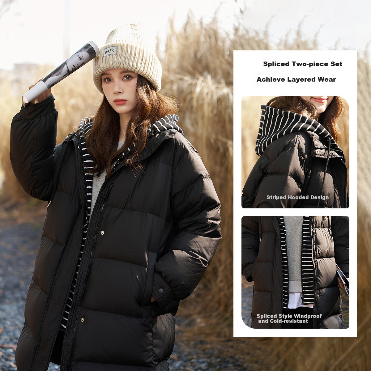 Dme [High Warmth] Winter H-Type 90% Down, Hooded Patchwork, Warm And Youthful, Fashionable Mid-Length down Jacket for Wome