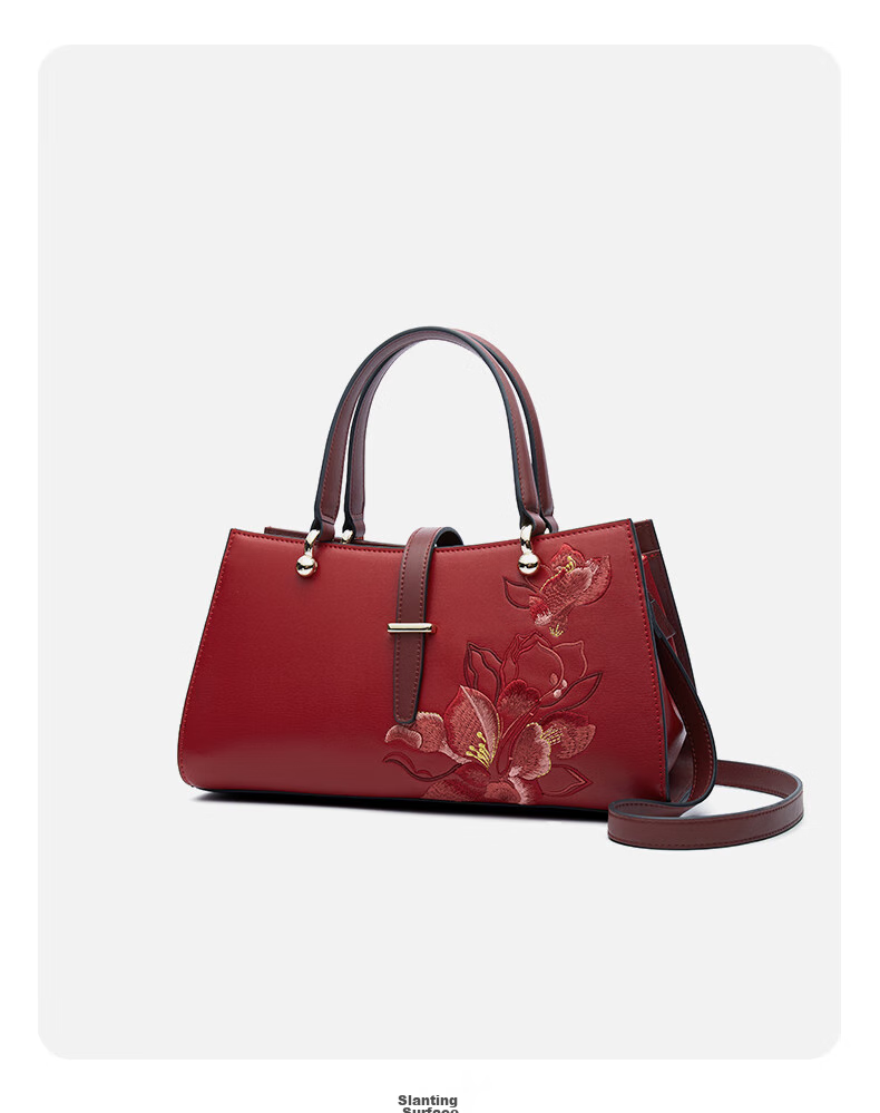PmSix Women's Handbag, Cowhide Leather Embroidery, Red Wedding Bag, Large Capacity Crossbody Bag for Middle-Aged Women, Birthday Gift for Mom 11