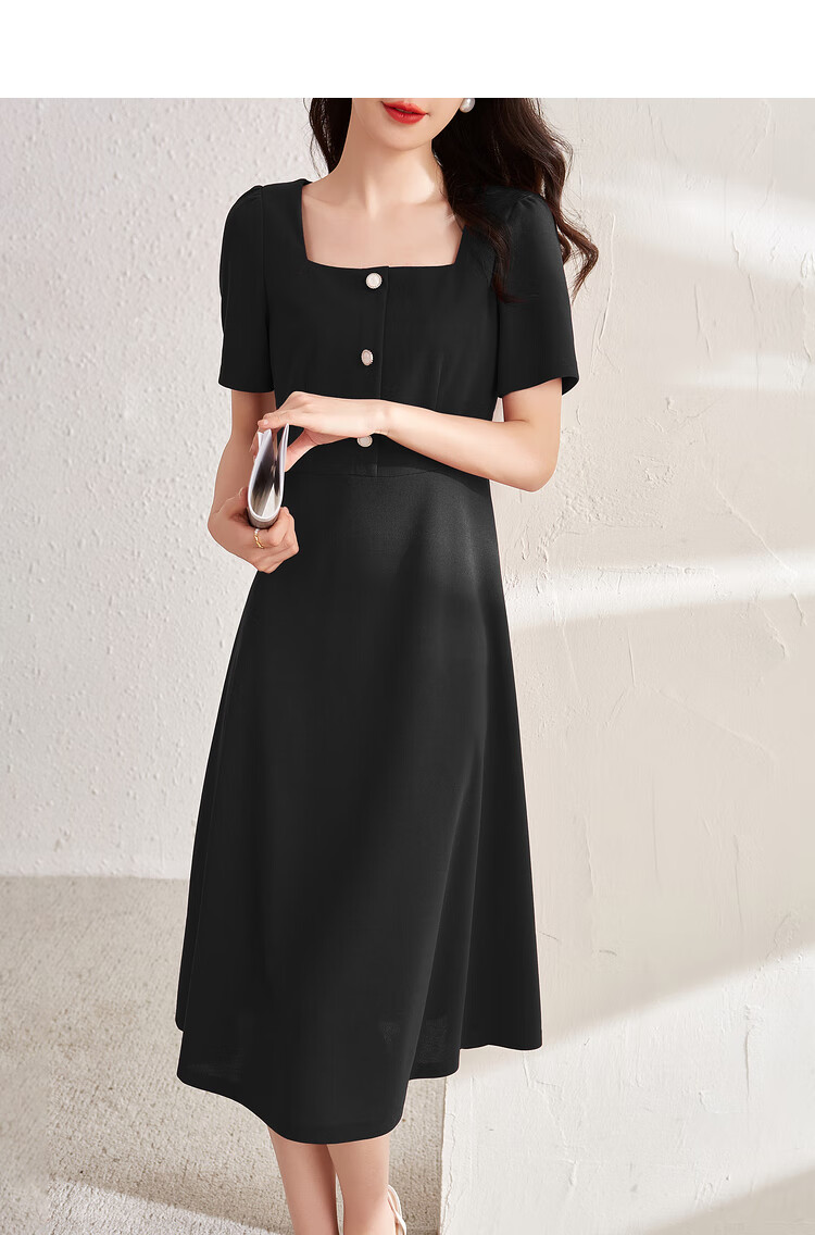 Sentubila Short-Sleeve Dress for Women, Summer Vintage Hepburn Style Elegant Office Dress, Mid-Length A-Line Skirt, Elegant Black, Size S 10