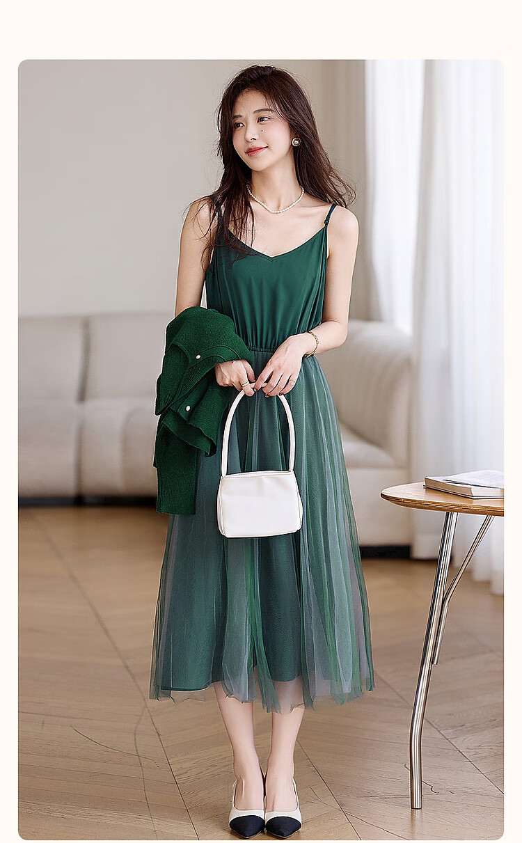 DME Ballet Style Set Spring Autumn Round Neck High Elastic Knit Sweater Mesh Slip Dress Flowing Two-Piece Set Women Black L 1