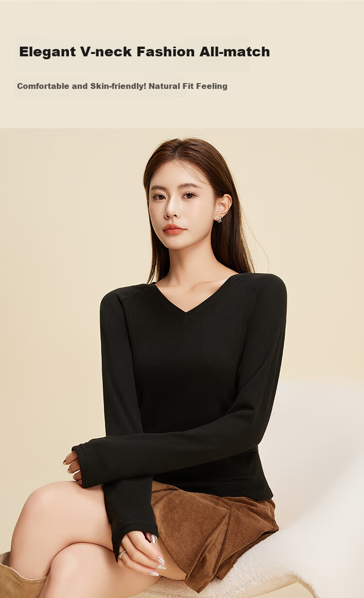 Ordifen Women's Base Layer, Fashionable V-Neck Seamless Inner Wear, Waist-Cinching Slimming Autumn And Winter Soft Brushed Long-Sleeve T-Shirt, White M 3