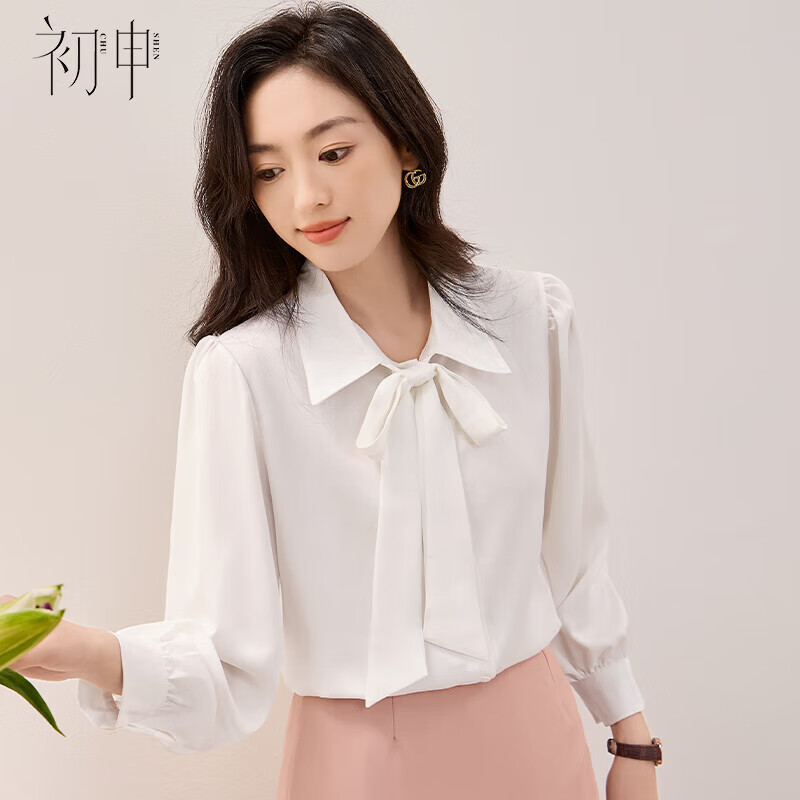 Chushen Long-Sleeve Shirt for Women, Elegant Lapel Design with Bow Tie, Casual White Blouse S13KC2990 Size M