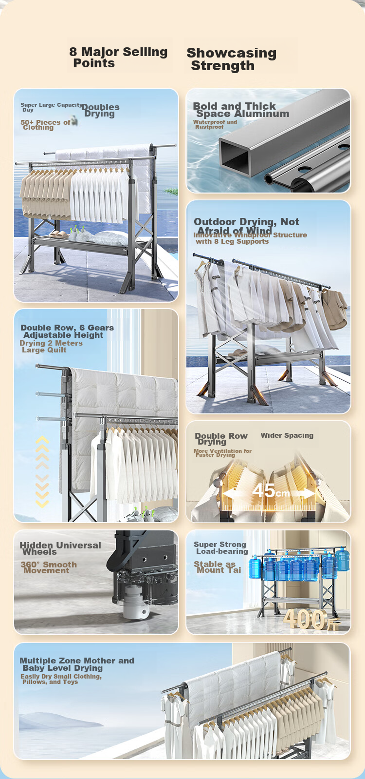 JD Original Floor Folding Double-Pole Clothes Drying Rack, Adjustable Aluminum Alloy Retractable Clothes Hanger for Outdoor Balcony And Bedding Drying 2