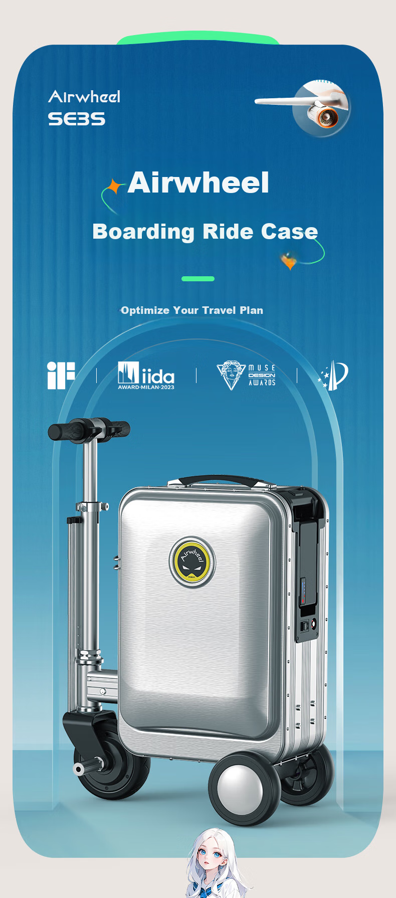 Airwheel Smart Electric Luggage Scooter 20-inch Telescopic Aluminum Frame Carry-on Case 2