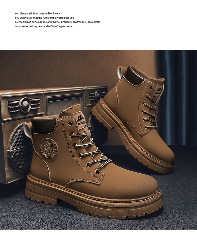 Huili Men's Shoes, 2025 Autumn And Winter New Style Men's Martin Boots, Workwear-Inspired Yellow Boots, High-Top Hiking Shoes, Black, Size 37 14