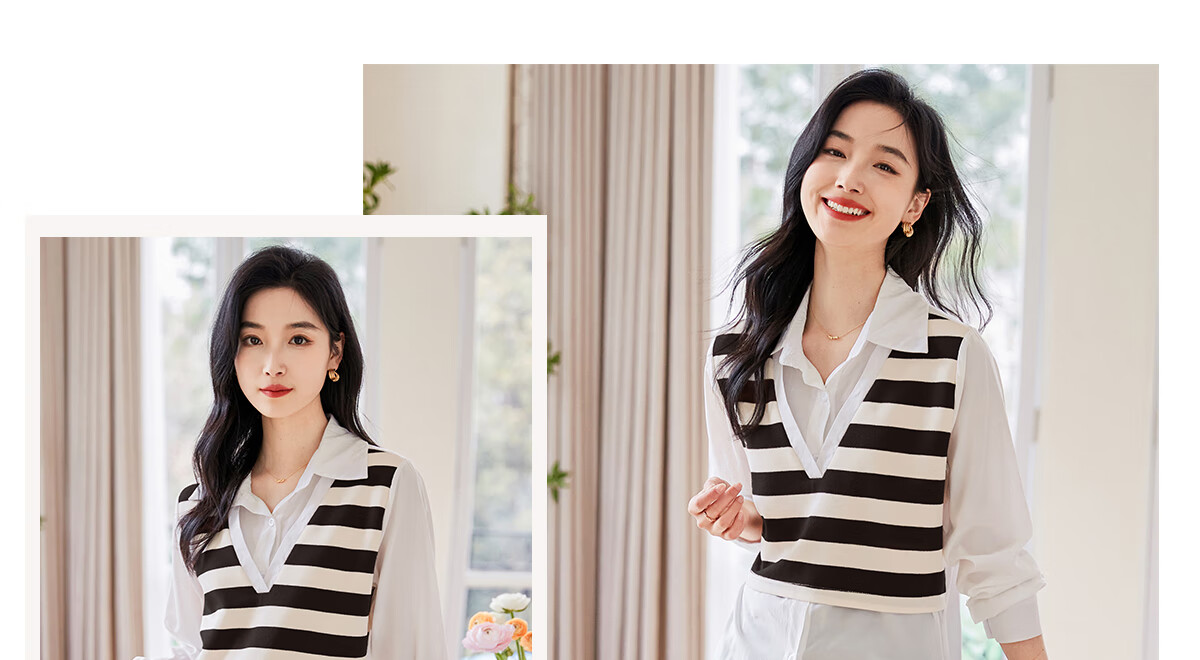 Chushen Thin Long-Sleeve Blouse for Women, Stylish Faux Two-Piece Striped Casual Shirt Top S13QC2942 14