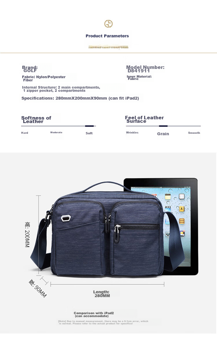 GOLF Nylon Shoulder Bag, Large Capacity Messenger Bag for Men, Multifunctional Crossbody Bag, Model 5I396466J, Blue-Gray Color 6
