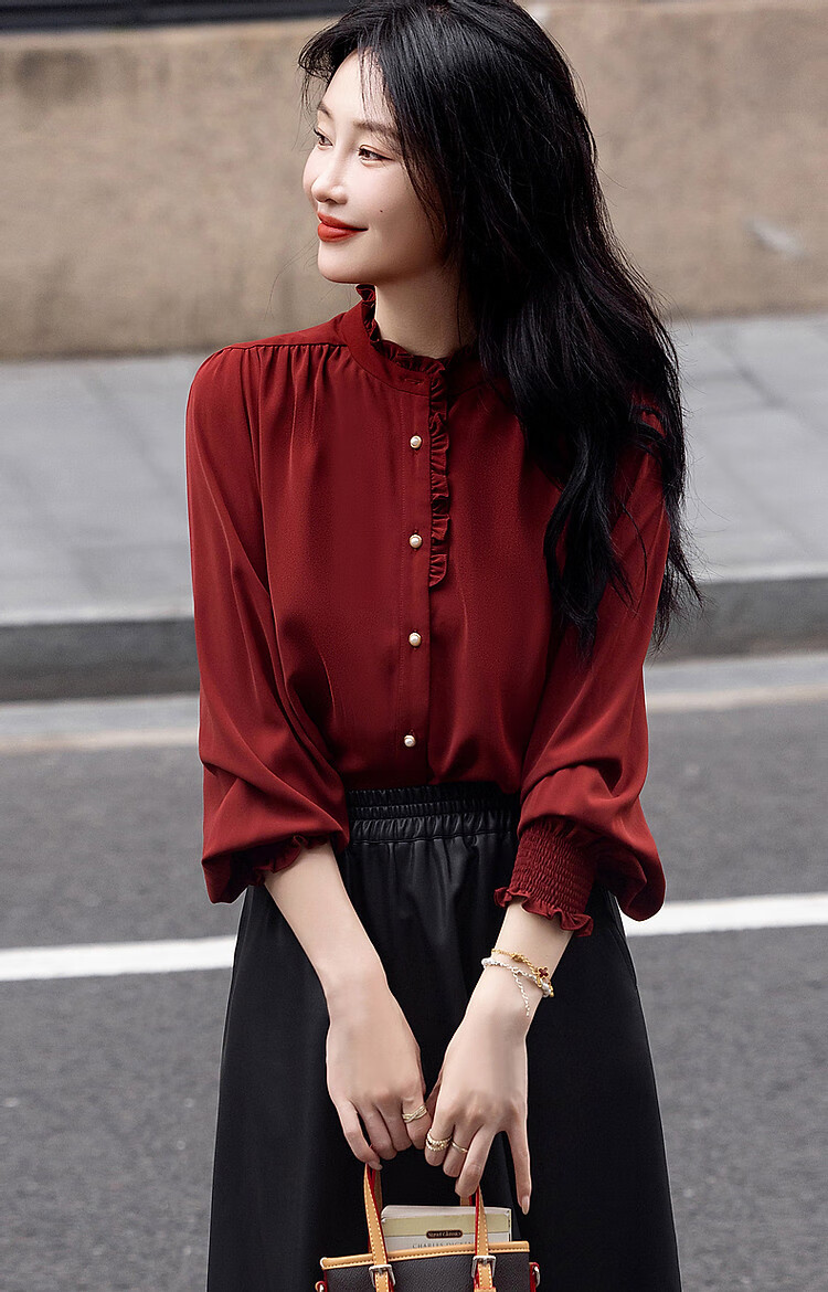 Dme [Ruched Shiny Blouse] Spring And Autumn French Style Women's Elegant Ruffle Stand Collar Pleated Blouse Women's Top 22