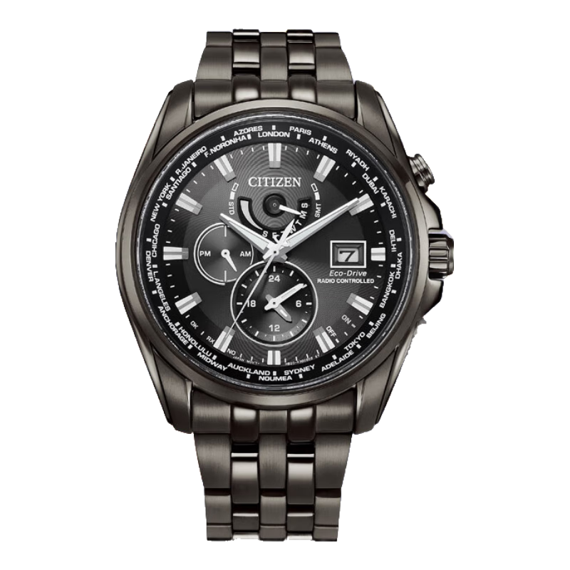 CITIZEN Watch for Men, Japanese And Korean Style, Eagle in The Sky, Eco-Drive, Radio-Controlled Steel Band, Black Dial, Gift for Boyfriend, AT9127-80E