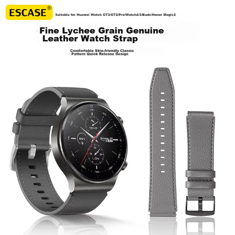 ESCASE Suitable for Huawei Watch Straps GT6/5/4/Pro/Watch5/4/3/Buds Smartwatch, Fine Litchi Pattern Genuine Leather Strap, 46/48MM, Premium Gray S02