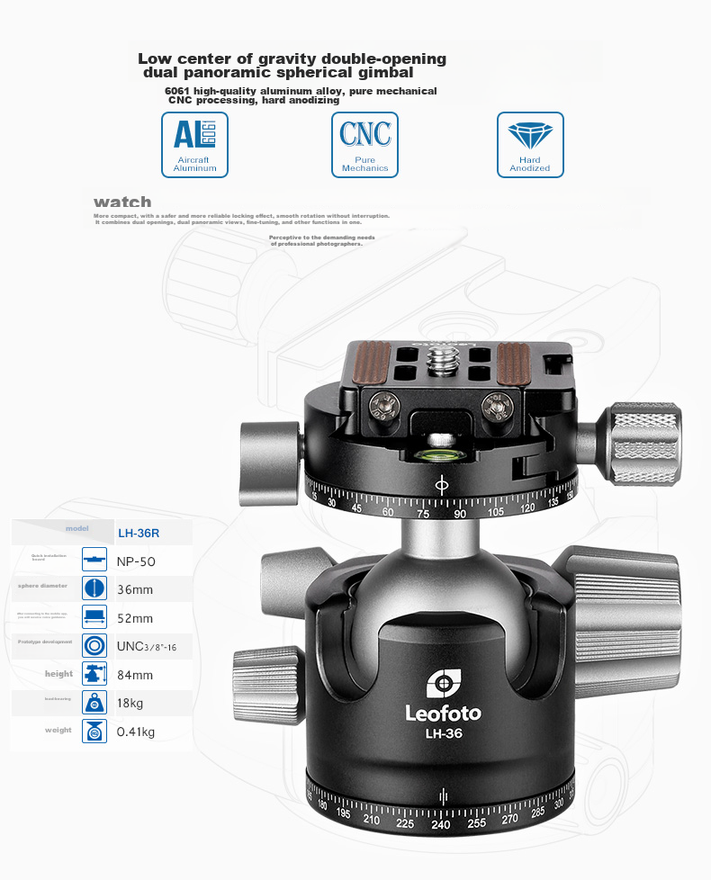 Leofoto Gimbal, Dual Panoramic 360-Degree Clamp, Photography And Videography, Mirrorless And DSLR Camera, Lightweight And Stable Professional Spherical Gimbal, LH-36R 3