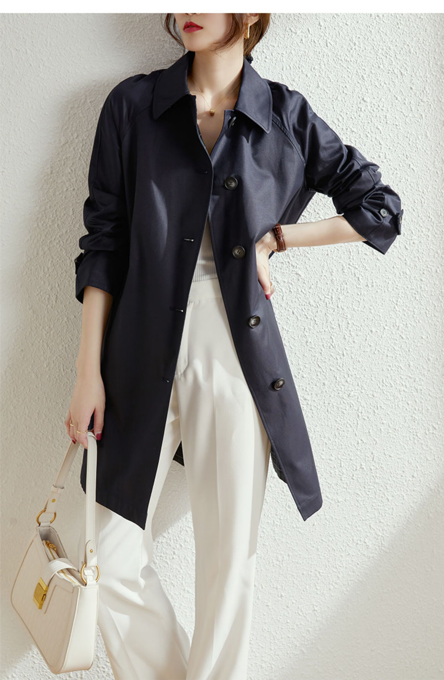 AOTUN British Style Women's Mid-Length Trench Coat Korean Version Slim Straight Jacket AT2359 Navy XXL 21