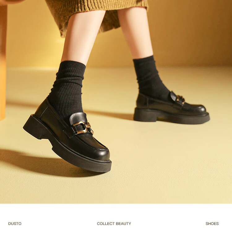 Dusto Round Toe Versatile Leather Shoes for Women, 2026 New Spring Slip-On Women's Shoes, Black Thick-Soled Heightening Loafers 9