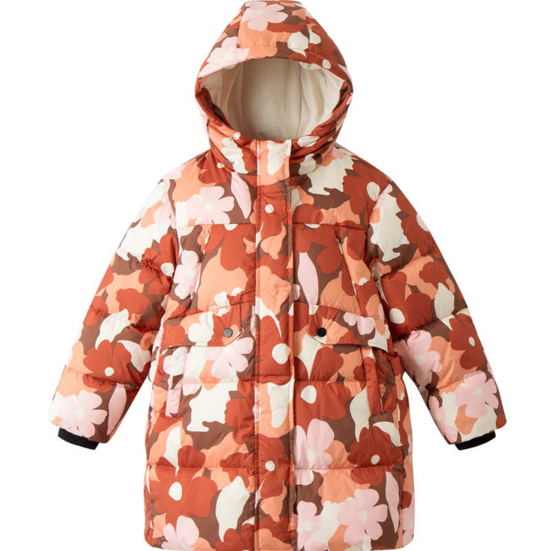 Annil Children's Clothing, Girls' Mid-Length down Jacket, 2024 Winter New Style, Brown Floral Pattern, Size 170