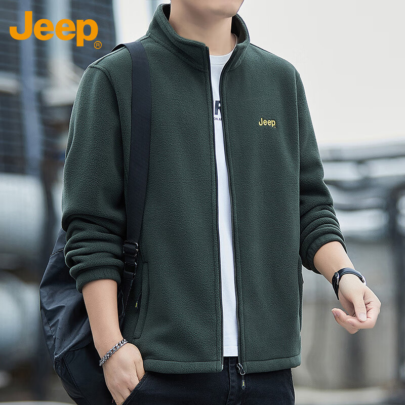 JEEP Men's Autumn Winter Fleece Thickened Warm Zip-up Hoodie Loose Fit Military Green L