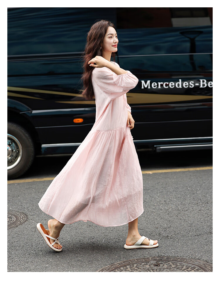 Dme [French-Style Dress] Romantic Elegant Fair-Complexion Easy Vacation Style Wrinkled Textured Dress for Wome 4