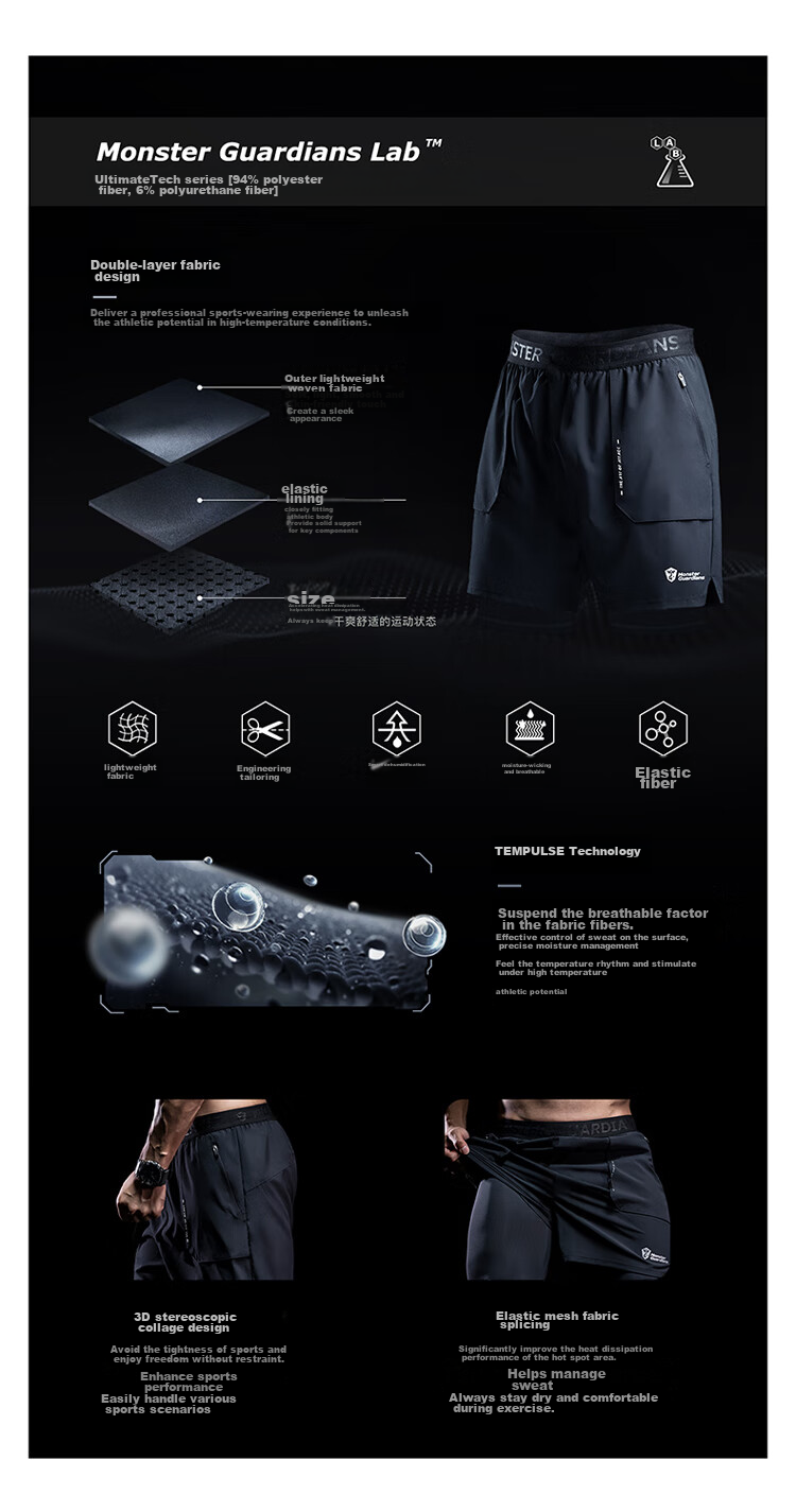 Monster Guardians Men's Sports Shorts with Double-Sided Lining for Summer, Marathon, Basketball, Outdoor Quick-Dry Athletic Pants, Black, Size L 24