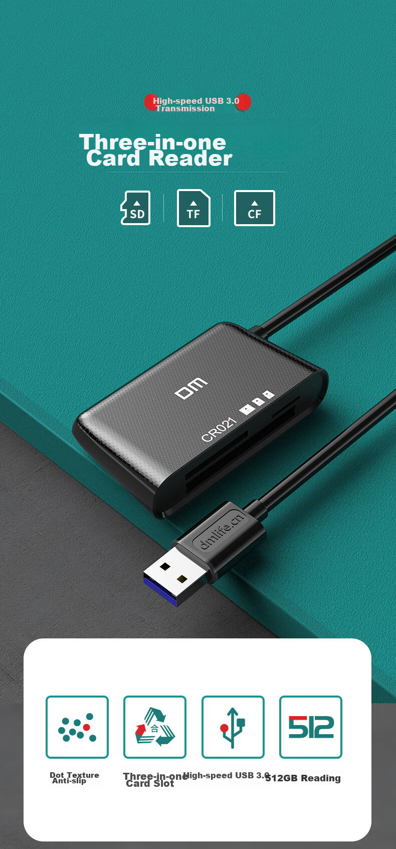 DM Daimai CR021 Multifunctional Three-In Card Reader, USB3.0 High-Speed Reading And Writing, Supports TF/SD/CF And Other Phone Cards And Camera Cards 1
