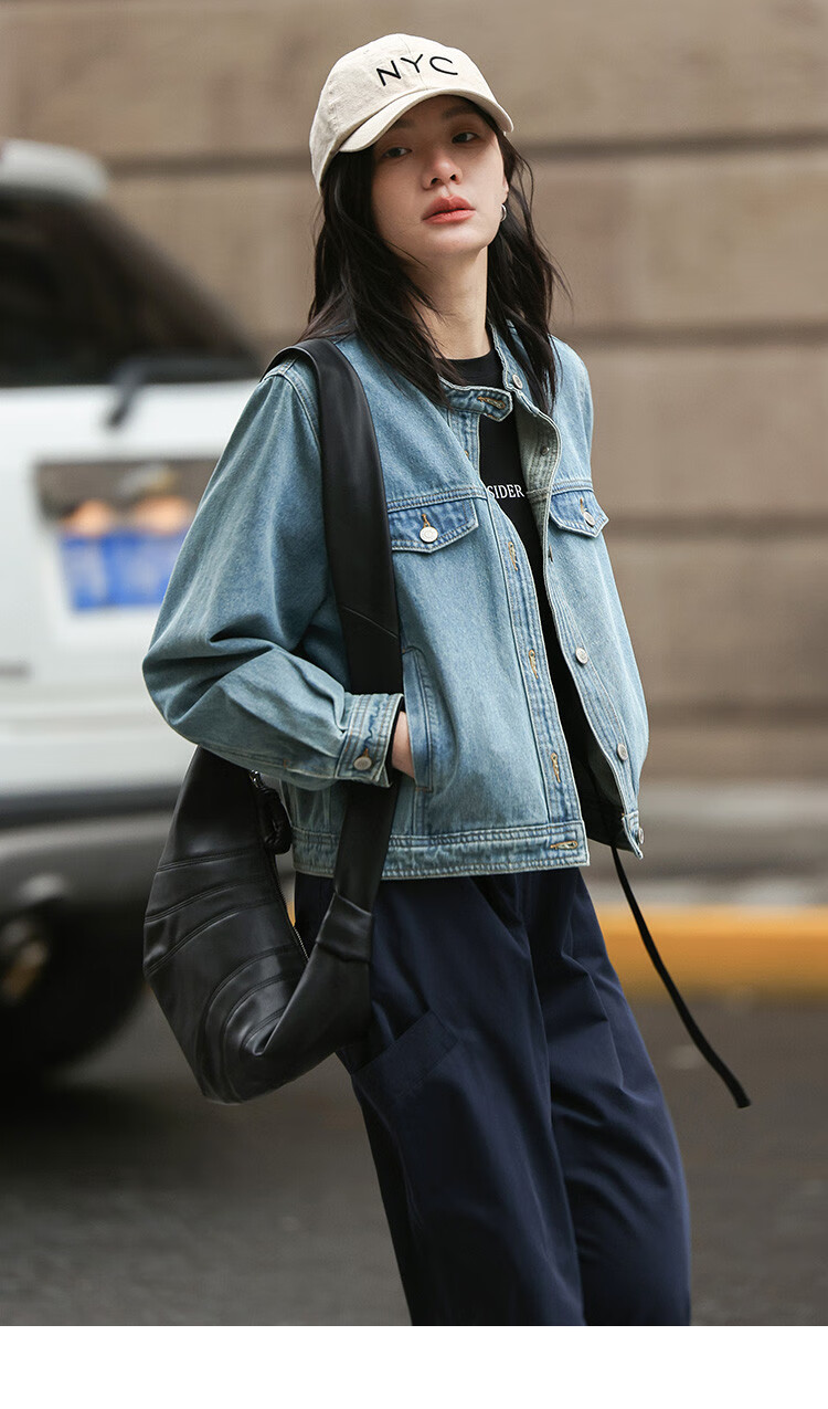 Dme Small Round Neck Denim Jacket Spring Straight Shoulder Sleeve Slim Fit Short Denim Jacket 8