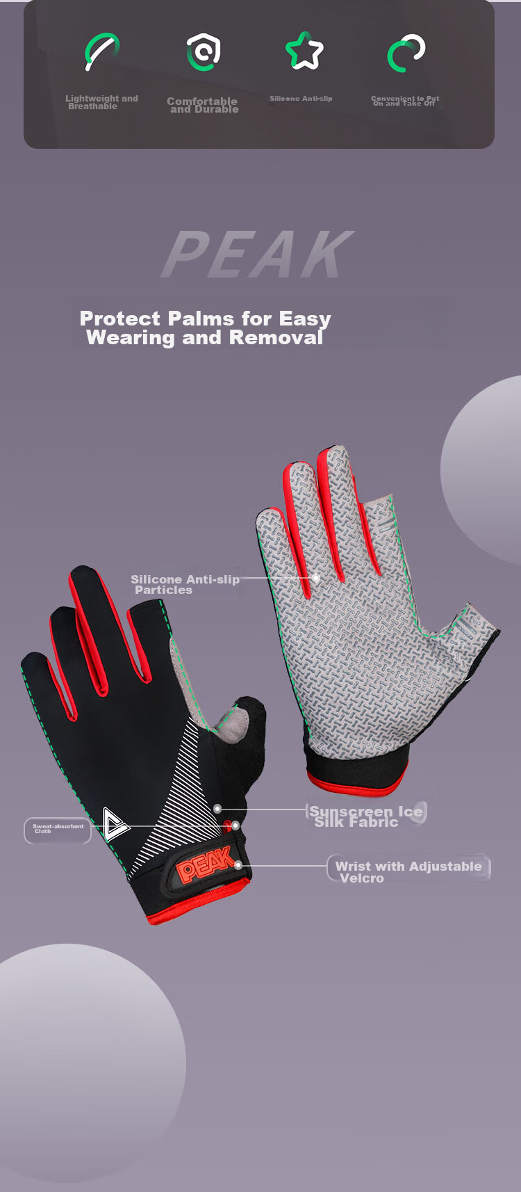 PEAK Cycling Gloves for Men And Women, Summer Ice Silk Sun Protection Non-Slip Bicycle Road Mountain Bike Riding Gloves, Black And Red 3