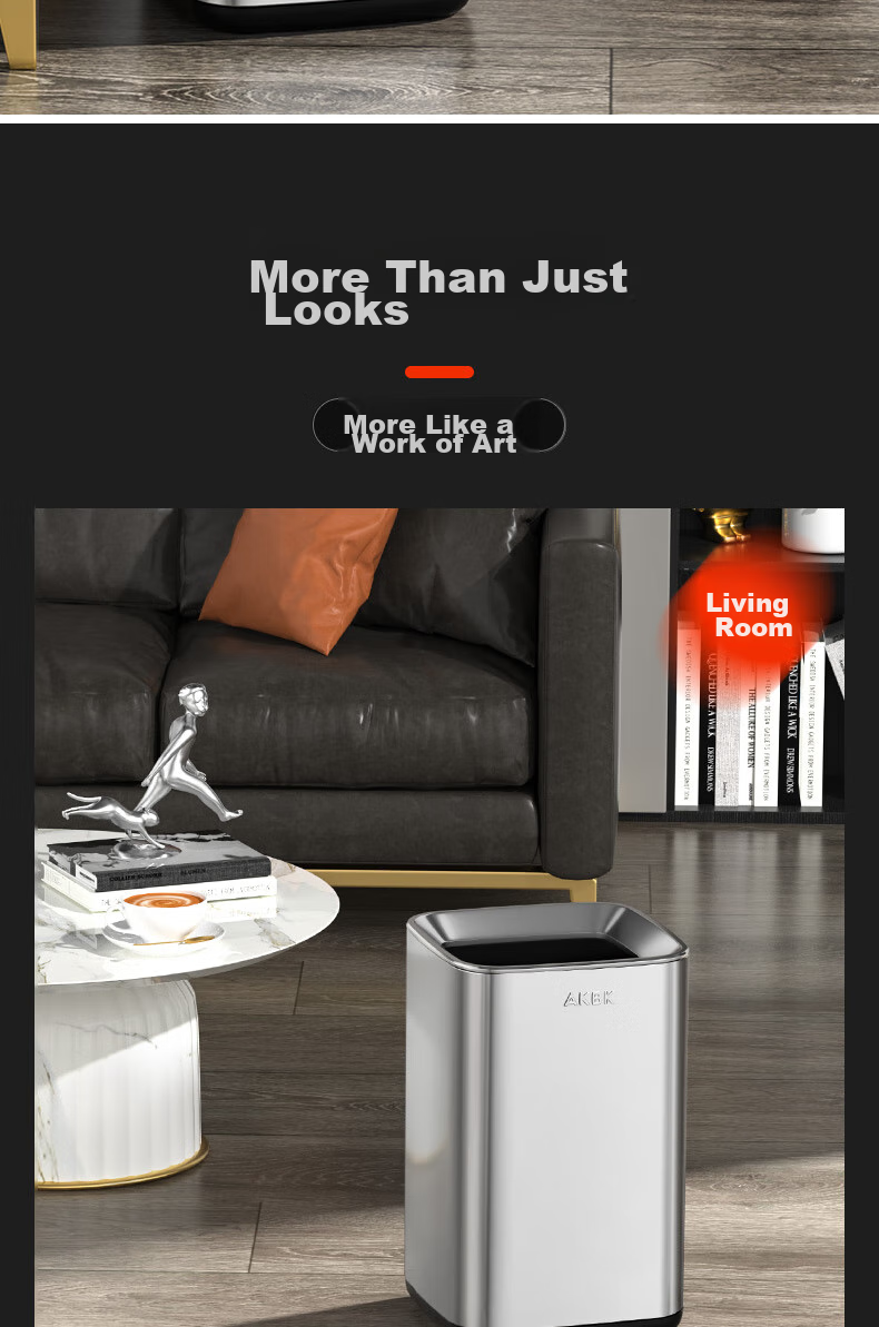 AKBK Stainless Steel Trash Can 15L Silver Large Square Bin for Living Room, Kitchen, Bathroom, Luxury Hotel, Office 14