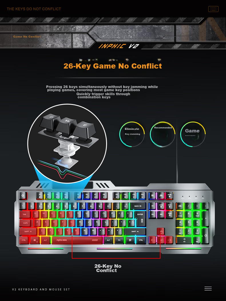 INPHIC K2 Gaming Keyboard Wired Office 104-Key Computer Desktop USB External Backlit Metal Panel 26-Key Anti-Ghosting Metal Gray 8
