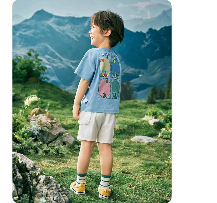 BALABALA Children's Short-Sleeve T-Shirt, Boys' Summer Wear, Pure Cotton Rabbit Embroidery Top, Parent-Child Style, Trendy 12