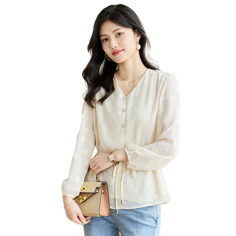 She Enjoy Long Sleeve V-Neck Puff Sleeve French Style Shirt Elegant Versatile Tie Waist Blouse T141C2665