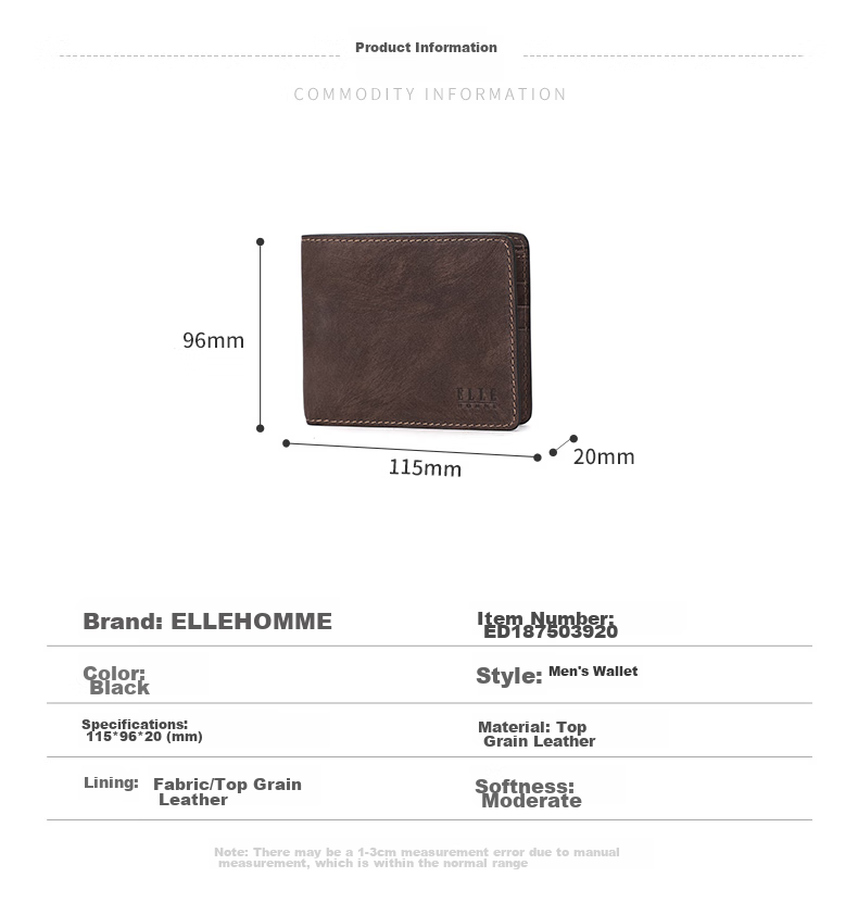 ELLE HOMME Men's Short Wallet, Top-Grain Leather Multifunctional Billfold, Two-Fold Money Clip 3920, Birthday Gift for Me 3