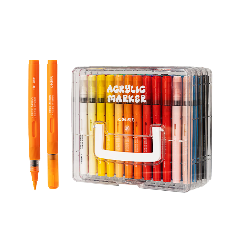 Deli 48-Color Direct Liquid Acrylic Markers, Soft Tip, Washable, High Coverage, Non-Bleeding, Student Tree Fluorescent Watercolor Pens, Layered Box, Birthday HM335/HM395 Graduation Gift