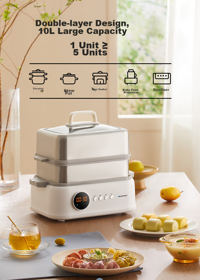 BLAUPUNKT Stainless Steel Electric Steamer, Multifunctional Steaming And Stewing Pot, 10L Double-Layer Steamer, All-In 24H Smart Reservation Cooking Pot, Steamed Bun Electric Stew Pot ZG03B 8