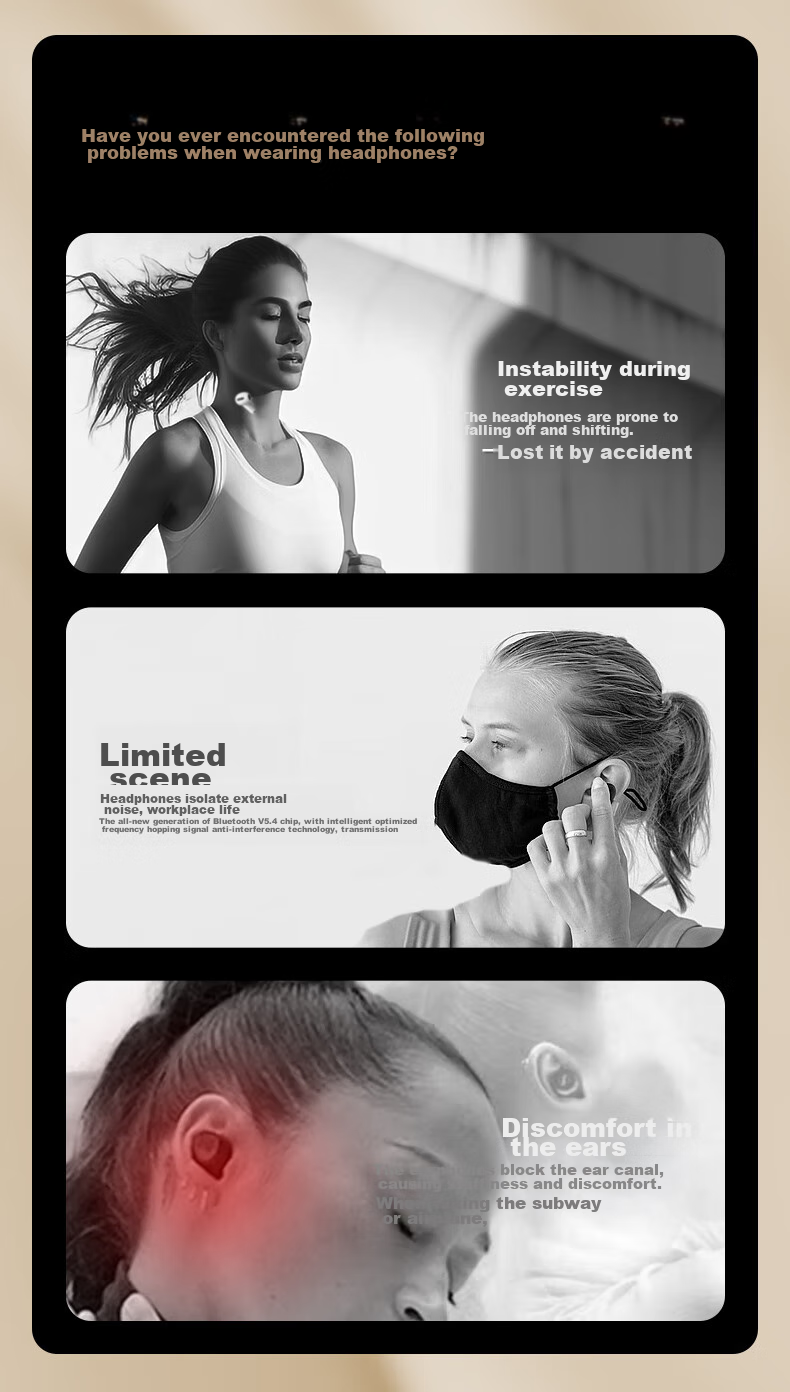 GUSGU Open True Wireless Bluetooth Earphones, Ear-Hook Style Non-In Music Sports Bone Conduction Concept Earphones, Compatible with Apple Huawei Xiaomi Phones, Black GU11 1
