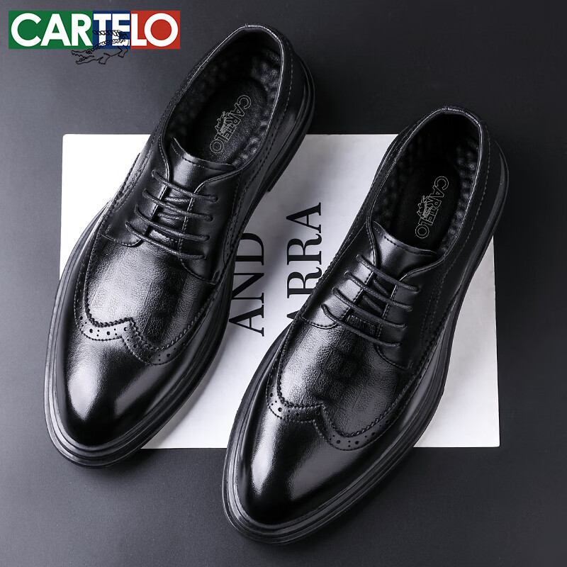 CARTELO Brogue Men's Shoes, British Low-Top Lace-Up Leather Shoes, Soft Cowhide Breathable Business Shoes 9342, Black, Size 38