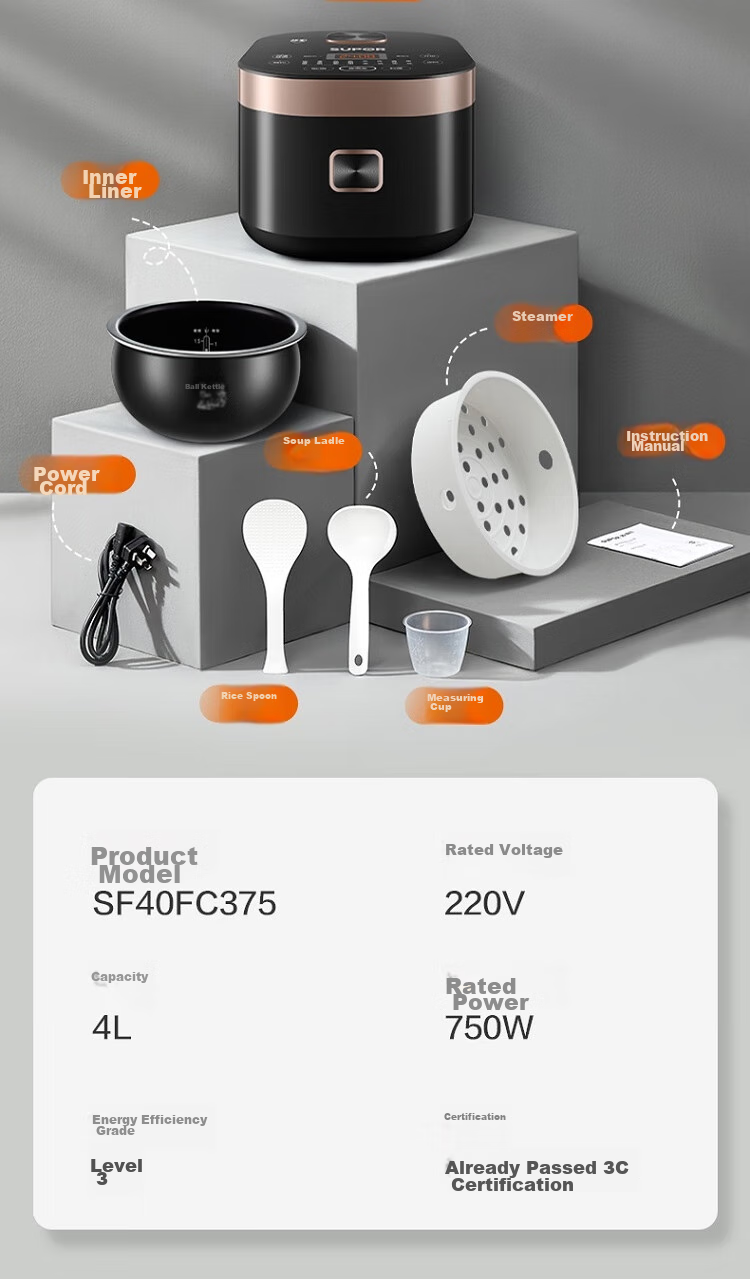 SUPOR ZMD Anxin Series, Touch Control Panel, 9 Functions, Removable Inner Cover, 24-Hour Reservation, Micro-Pressure, Ball Pot Inner Tank, 4L Rice Cooker SF40FC375 14