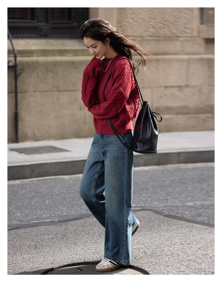 Dme [Romantic Red Knit Sweater], Spring And Autumn Round Neck Pullover Cable Knit Long-Sleeve Warm Sweater for Wome 8