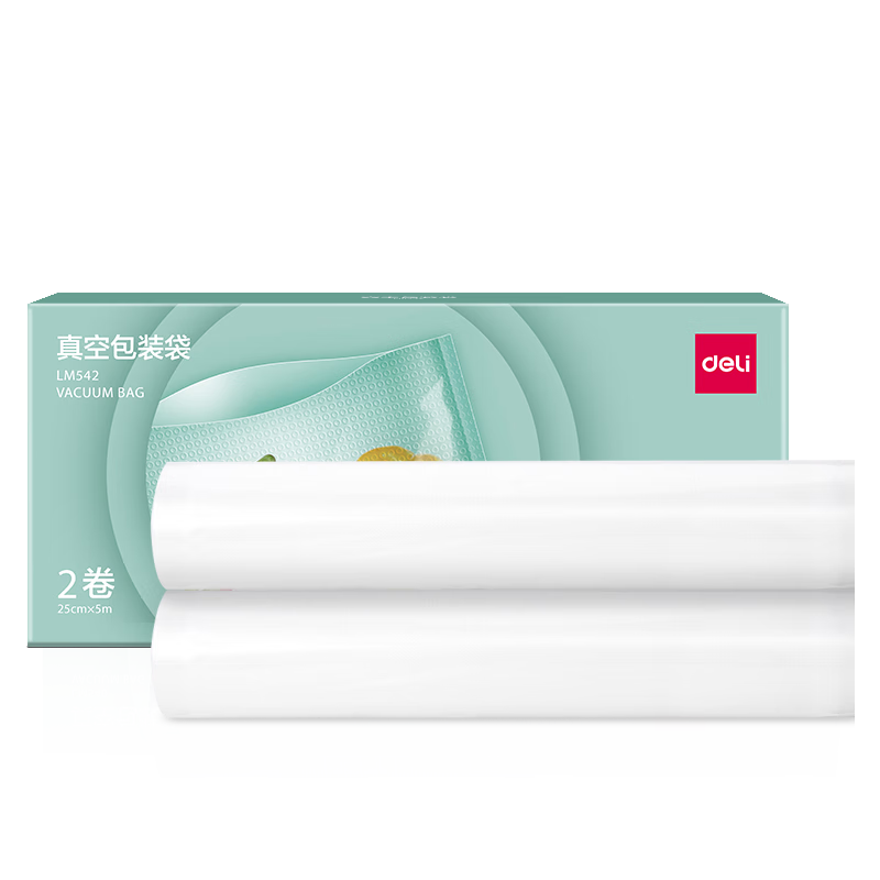 Deli Vacuum Sealing Machine for Home And Commercial Use with Food Vacuum Packaging Bags, Safe Food-Grade Material, 25cm*5m/2 Rolls LM542