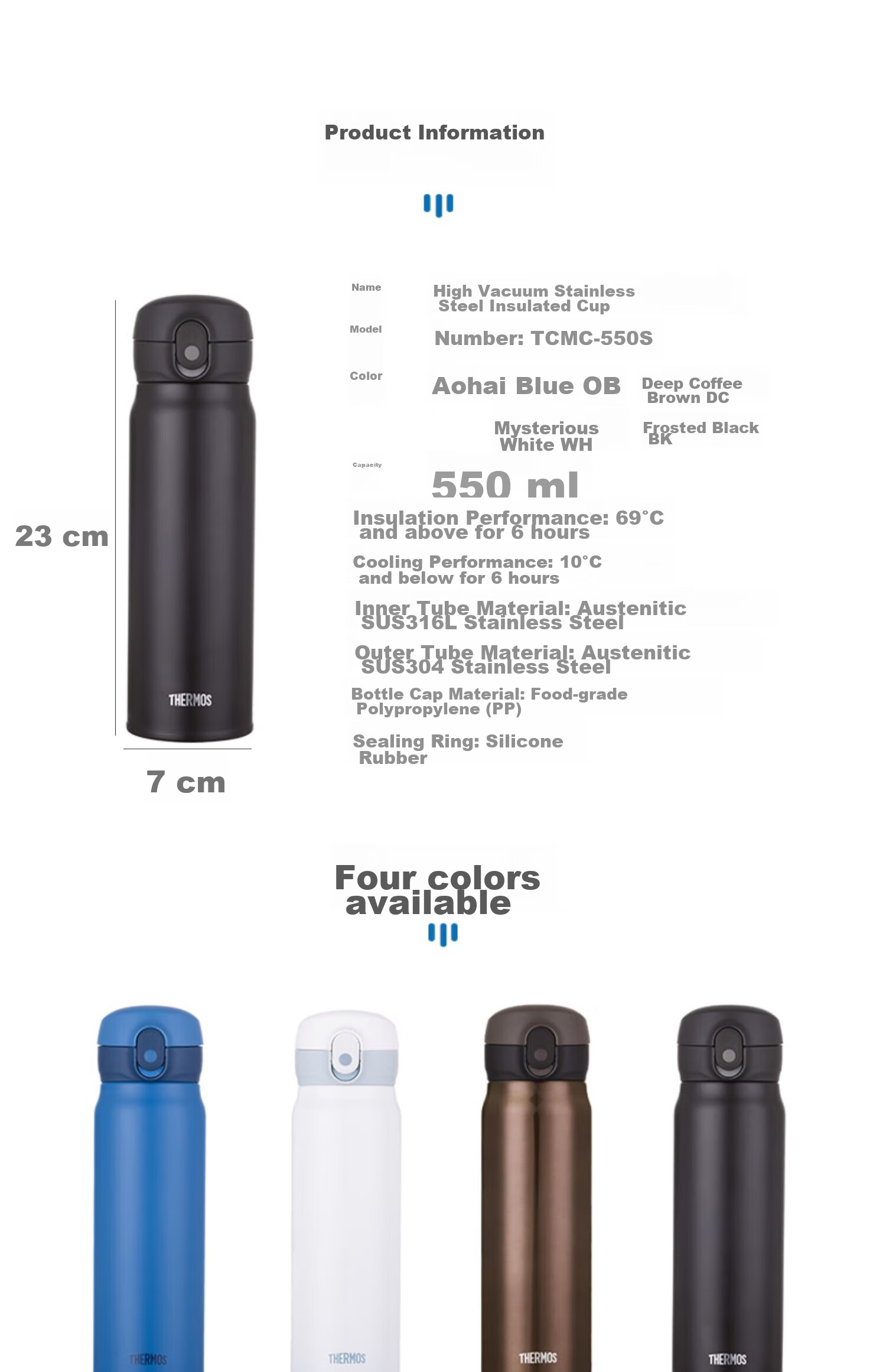 THERMOS Insulated Mug, 550ML High Vacuum Large Capacity Stainless Steel Gift Cup, Push-Button Cup, TCMC-550S BK 9