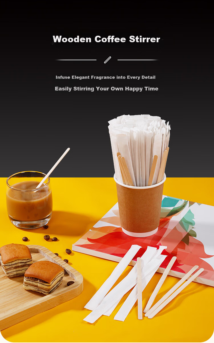 SHUANG YU Disposable Coffee Stirrers [500 Pieces, 14cm], Wooden Biodegradable Individually Wrapped 1
