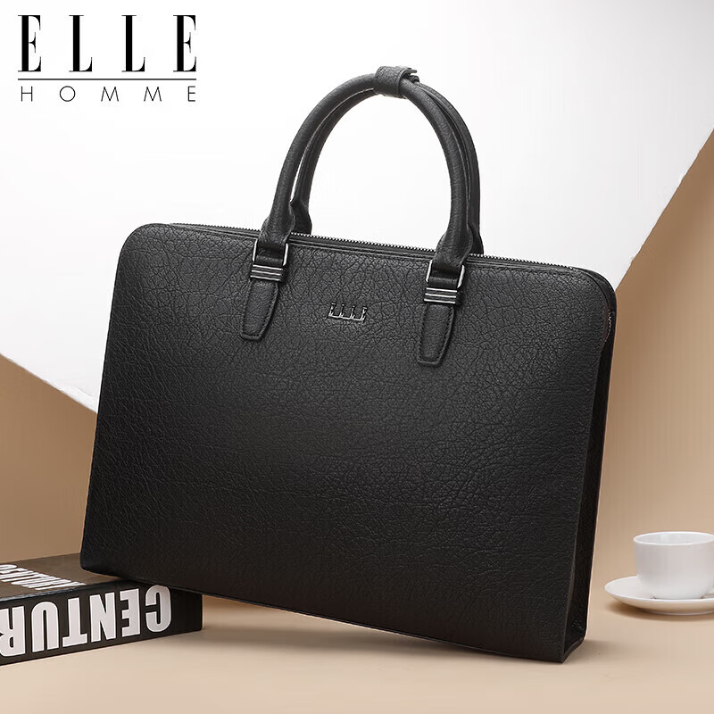 ELLE HOMME Men's Business Briefcase, Light Luxury Top-Grain Leather Handbag, Crossbody Laptop Bag for Men, 03910 Black