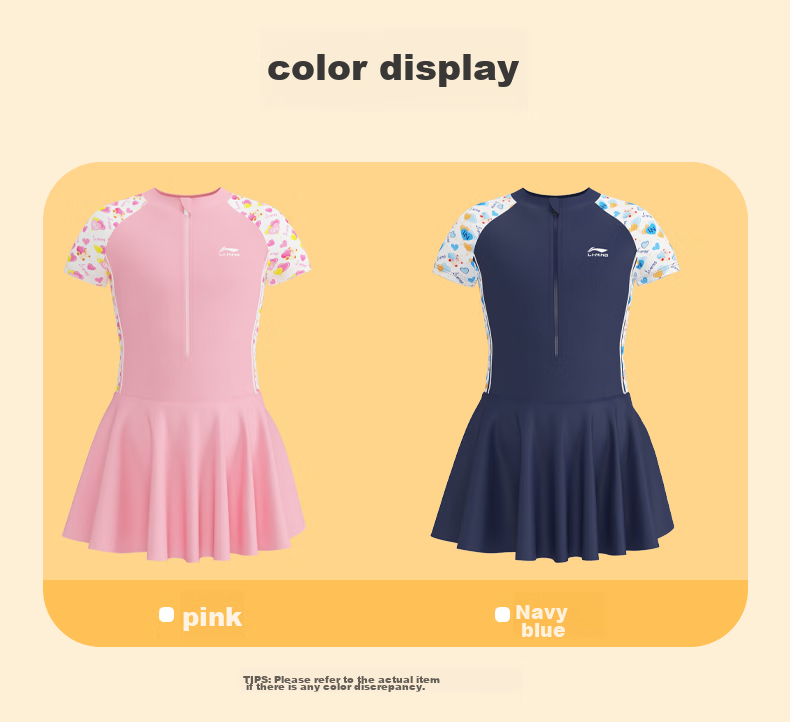 LI-NING Kids Girls One-Piece Skirted Swimwear Comfortable Breathable Swimming Beachwear 734 Navy Blue Size 140 16